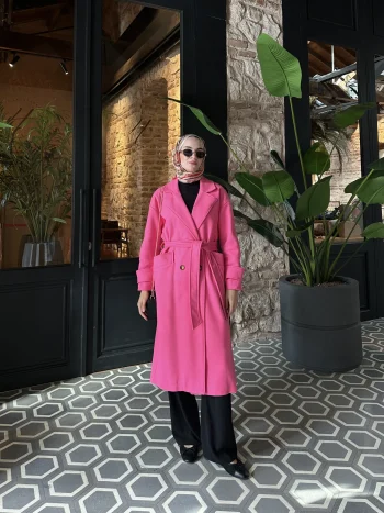 Kemerli Pembe Kaşe Kaban - Görsel 4