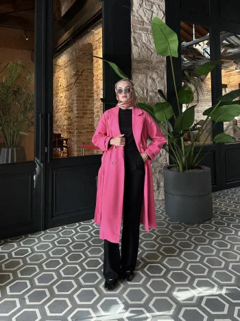 Kemerli Pembe Kaşe Kaban - Görsel 8