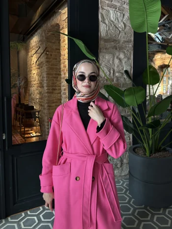 Kemerli Pembe Kaşe Kaban - Görsel 7