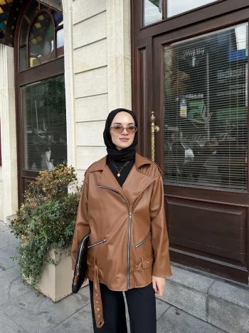 Taba Vintage Deri Ceket - Görsel 4