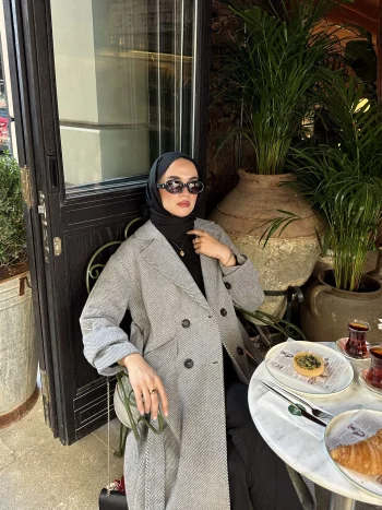 Çizgili Gri Premium Kaşe Kaban - Görsel 3
