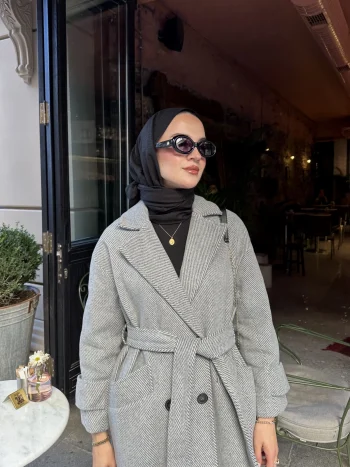 Çizgili Gri Premium Kaşe Kaban - Görsel 6