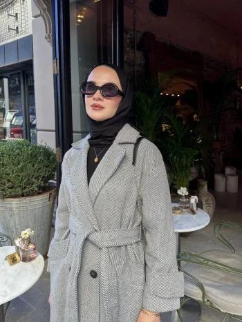 Çizgili Gri Premium Kaşe Kaban - Görsel 5