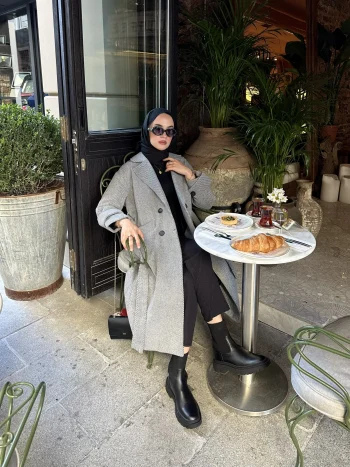 Çizgili Gri Premium Kaşe Kaban - Görsel 4