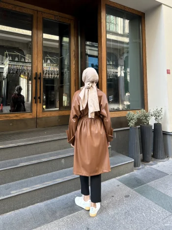 Taba Deri Vintage Trençkot - Görsel 7
