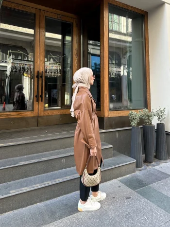 Taba Deri Vintage Trençkot - Görsel 6