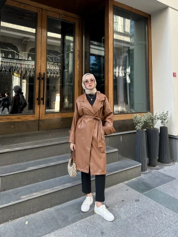 Taba Deri Vintage Trençkot - Görsel 4