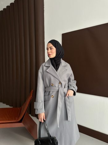 Kemerli Koyu Gri Kaşe Kaban - Görsel 4