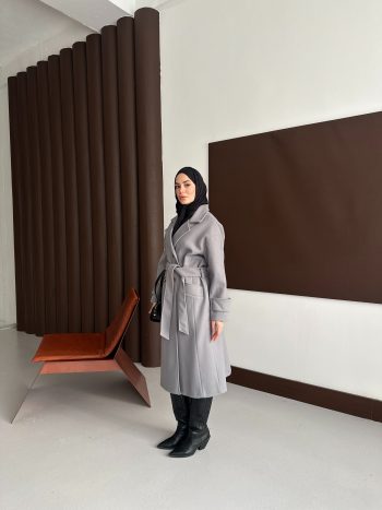 Kemerli Koyu Gri Kaşe Kaban - Görsel 7