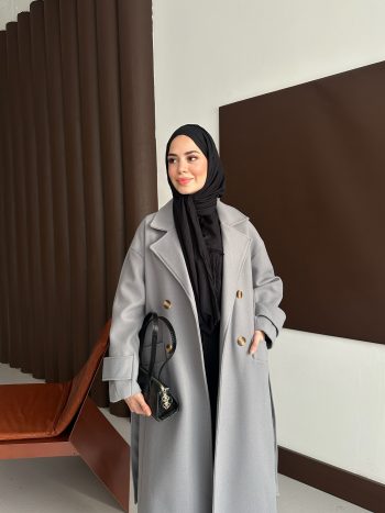 Kemerli Koyu Gri Kaşe Kaban - Görsel 5