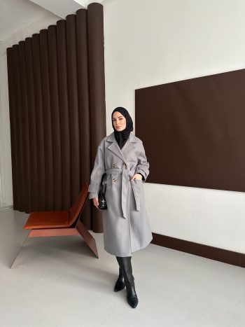 Kemerli Koyu Gri Kaşe Kaban - Görsel 8