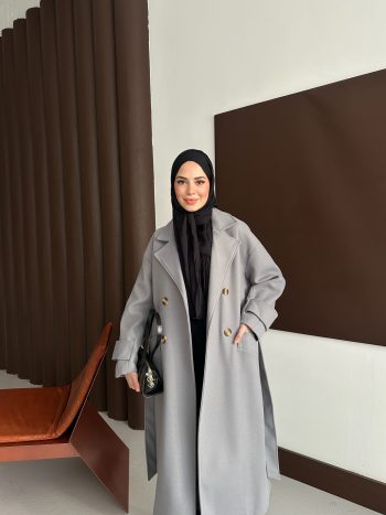 Kemerli Koyu Gri Kaşe Kaban - Görsel 6