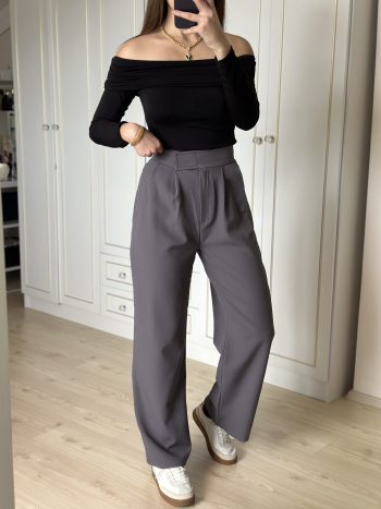 Antrasit Beli Cırtlı Palazzo Pantolon - Görsel 4