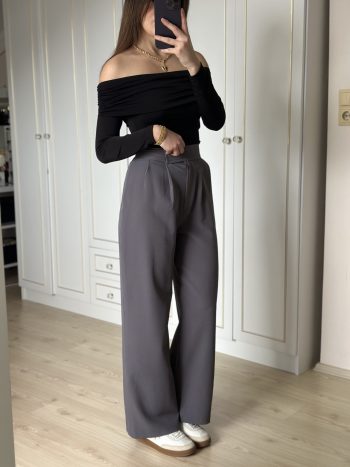 Antrasit Beli Cırtlı Palazzo Pantolon - Görsel 3