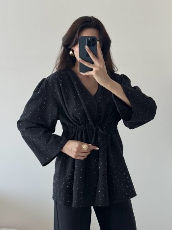 Noire Siyah Taşlı Keten Takım (Oversize Kalıp) - Görsel 3
