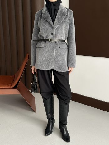 Premium Kısa Kürk Fox Kaban Antrasit (Kemerli) - Görsel 6