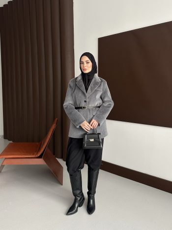 Premium Kısa Kürk Fox Kaban Antrasit (Kemerli) - Görsel 4