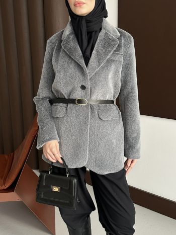 Premium Kısa Kürk Fox Kaban Antrasit (Kemerli) - Görsel 7