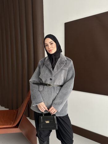 Premium Kısa Kürk Fox Kaban Antrasit (Kemerli) - Görsel 5