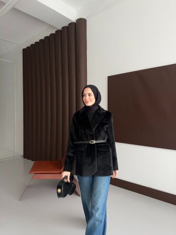 Premium Kısa Kürk Fox Kaban Siyah (Kemerli) - Görsel 3