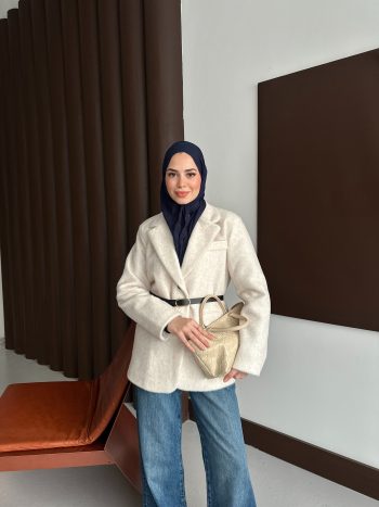 Premium Kısa Kürk Fox Kaban Ekru (Kemerli) - Görsel 3