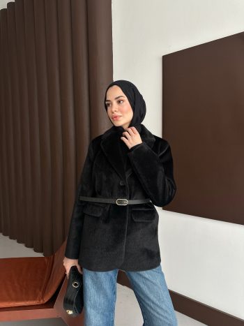 Premium Kısa Kürk Fox Kaban Siyah (Kemerli) - Görsel 5