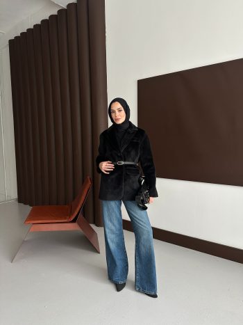 Premium Kısa Kürk Fox Kaban Siyah (Kemerli) - Görsel 4