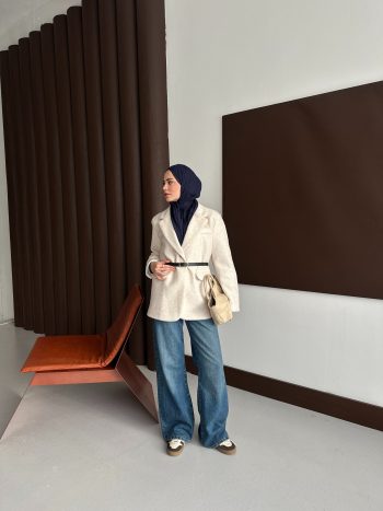 Premium Kısa Kürk Fox Kaban Ekru (Kemerli) - Görsel 5