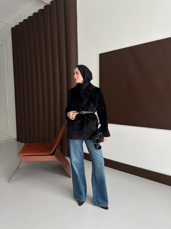 Premium Kısa Kürk Fox Kaban Siyah (Kemerli) - Görsel 6