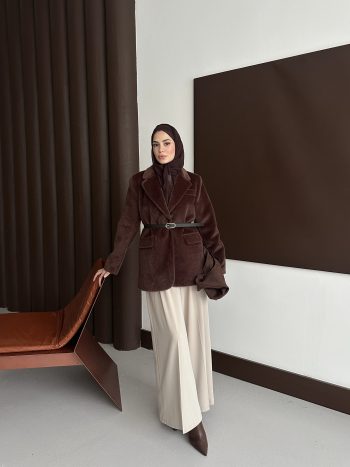 Premium Kısa Kürk Fox Kaban Acı Kahve (Kemerli) - Görsel 3