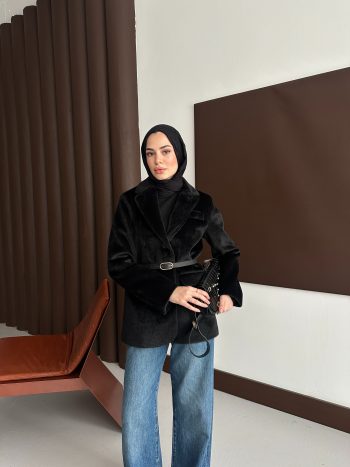 Premium Kısa Kürk Fox Kaban Siyah (Kemerli) - Görsel 8