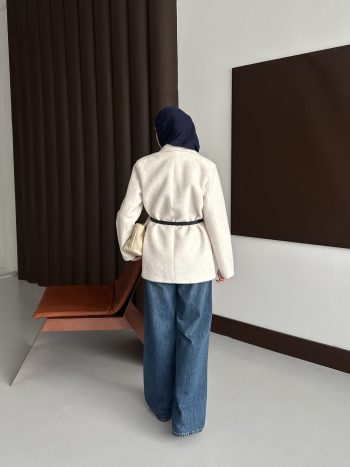 Premium Kısa Kürk Fox Kaban Ekru (Kemerli) - Görsel 8