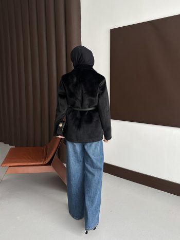 Premium Kısa Kürk Fox Kaban Siyah (Kemerli) - Görsel 11