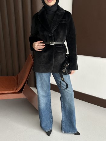 Premium Kısa Kürk Fox Kaban Siyah (Kemerli) - Görsel 10