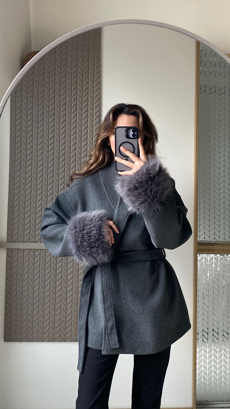 IMG_2228 Antrasit Oversize Kürklü Kaban - Görsel 1